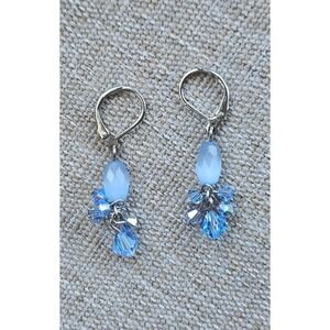 Blue Sapphire Cats Eye& Sparkling Crystals Silver Tone Drop Dangle Earrings 1.5"